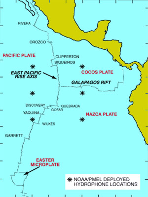 This map shows the tectonic plates in the eastern Pacific Ocean and location of transform faults and the mid-ocean ridge axis. Stars indicate the locations of hydrophones in the Autonomous Hydrophone Array. 