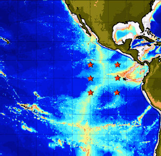 Bathymetric map of the eastern Pacific Ocean shows locations of the hydrophones in the Autonomous Hydrophone Array. 