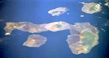 Oblique Space Shuttle photograph of the western and central Galápagos Islands. 