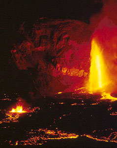 Lava fountain during the 1981 eruption of Wolf volcano on Isabela Island. 