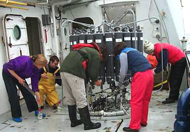 After the CTD arrives back on board, the water chemistry team takes samples for analysis in the ship’s chemistry lab. 
