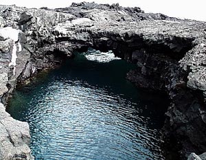  Lava tube at the coastline on Santiago Island, Galápagos. Distance across the tube is about 6 meters. Photo by Bob Reynolds. 