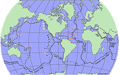 Map showing the global distribution of major hydrothermal vent sites.