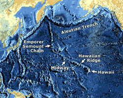 The Hawaiian Island - Emperor Seamount chain stretching more than 6000 km in the Pacific Ocean.