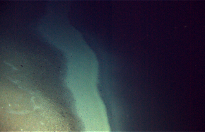 ROV <em>Jason</em> sent back images of normal Mediterranean seafloor (left), the murky water of a DHAB (right), and the white "beach" between them. (Virginia Edgcomb, WHOI/NSF/ROV Jason/©WHOI)