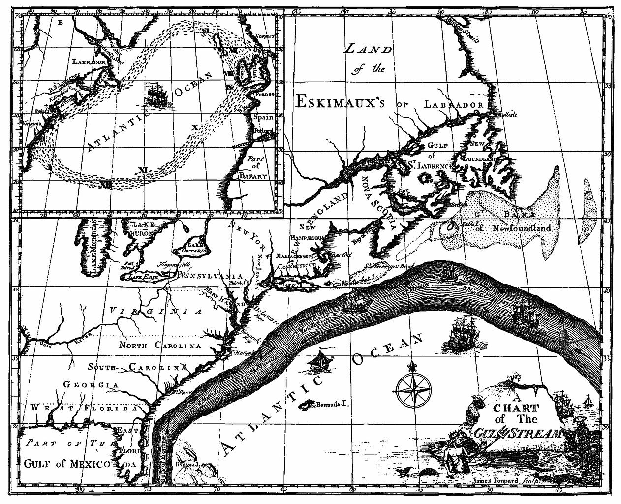 This map of the Gulf Stream appears in the book by Benjamin Franklin and dates from 1769. The Gulf Stream is depicted as the dark gray swath that runs along the east coast of what is now the United States.